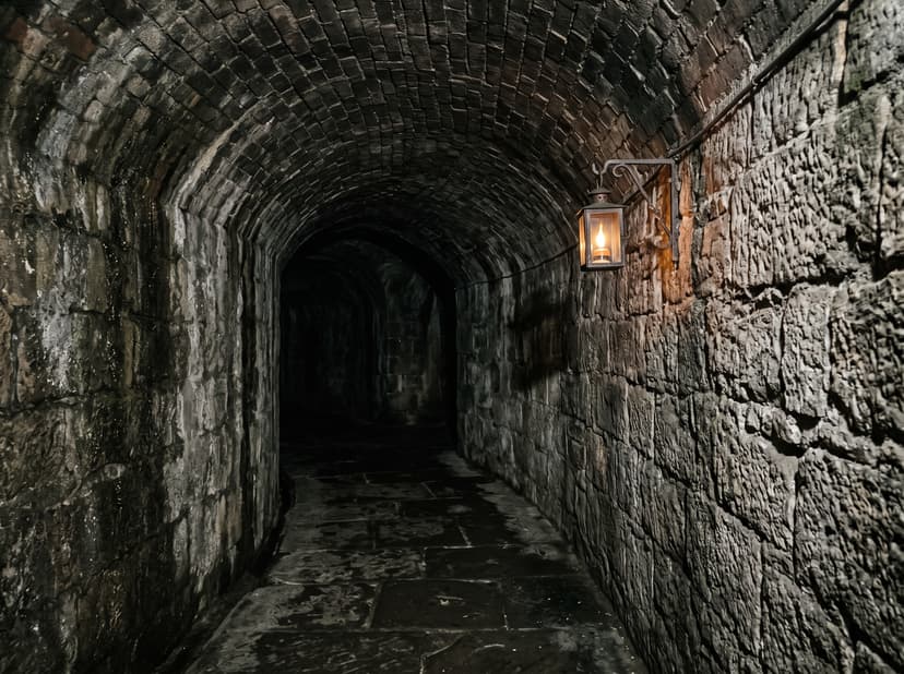 Lantern-lit stone vault tunnel underneath Edinburgh's Old Town